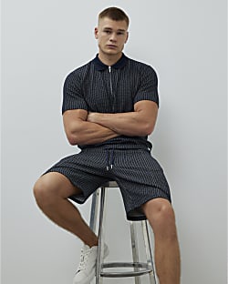 Navy Slim Fit Stitched Stripe Polo Shirt