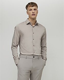 Beige Muscle Fit Long Sleeve Shirt