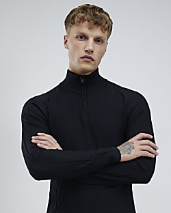 Black Muscle Fit Brick Knitted Funnel Jumper
