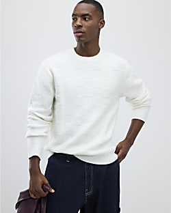 Cream Slim Fit Knitted Check Jumper