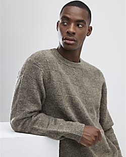 Beige Slim Fit Knitted Check Print Jumper