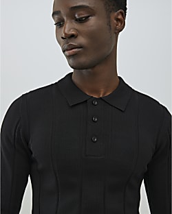 Black Muscle Fit Ribbed Polo Shirt