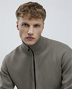 Khaki Slim Fit Zip Through Jumper