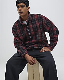 Red Check Oversized Zip Fleece Sweatshirt