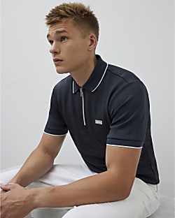 Navy Muscle Fit Les Amis Stripe Polo Shirt