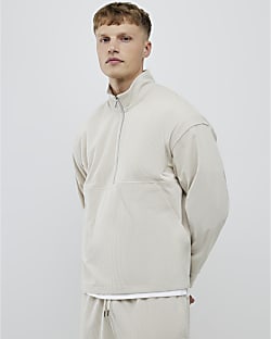 Beige Regular Fit Corduroy Funnel Sweatshirt