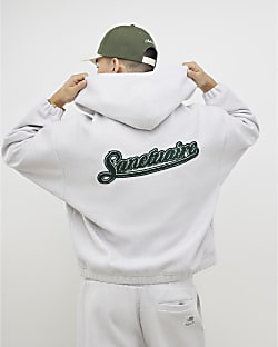 Grey Oversized Fit Zip Through Hoodie