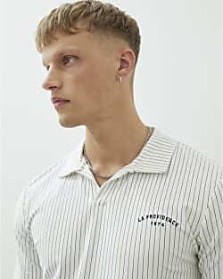 Beige Regular Fit Stripe Open Neck Polo Shirt
