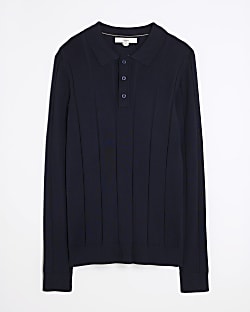 Navy Muscle Fit Ribbed Polo Shirt