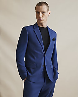 Blue Skinny Fit Stretch Textured Suit Jacket