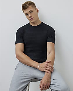 Black Muscle Fit Textured T-Shirt