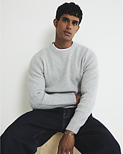 Grey Slim Fit Knitted Ribbed Jumper