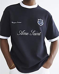 Navy Regular Fit Football Ottoman T-Shirt