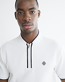 White Slim Fit Tipped Zip Baseball Shirt