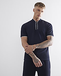 Navy Slim Fit Tipped Zip Baseball Shirt
