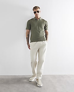 Khaki Slim Fit Open Collar Polo Shirt 