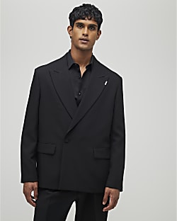 Black Relaxed Fit Wrap Suit Jacket
