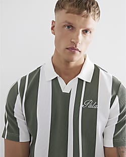 Khaki Open Neck Stripe Polo Shirt