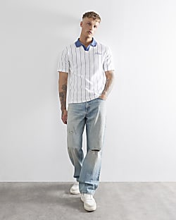 Blue Open Neck Pinstripe Polo Shirt