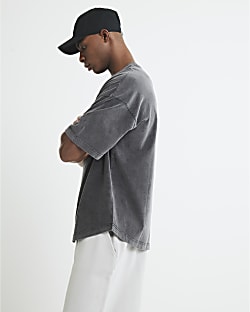 Black Washed Oversized Fit Curved Hem T-Shirt