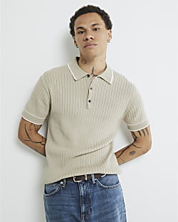 Beige Slim Fit Ribbed Polo Shirt