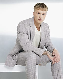 Beige Tailored Fit Check Suit Jacket