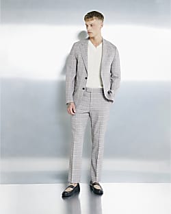 Beige Tailored Fit Check Suit Trousers