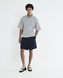 Blue Open Neck Plisse Polo Shirt
