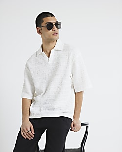 White Open Neck Plisse Polo Shirt