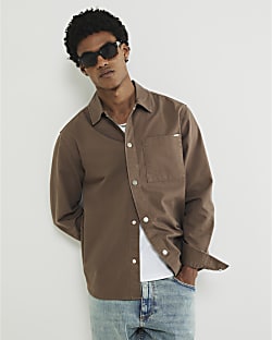 Brown Long Sleeve Curved Hem Dyed Shirt