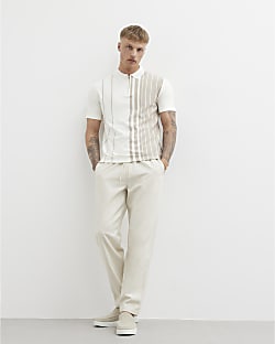 Beige Striped Zip Polo Shirt