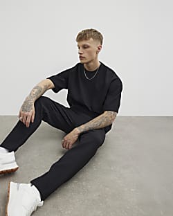 Black Plisse Slim Leg Joggers