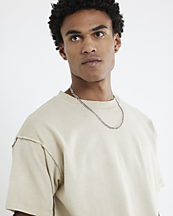 Beige Boxy Fit Washed Reverse Seam T-Shirt