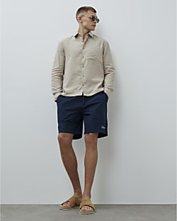 Navy Regular Fit Textured Drawstring Shorts
