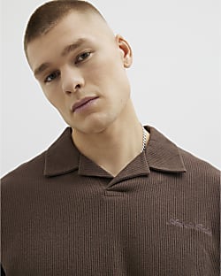 Brown Ribbed Open Neck Polo Shirt