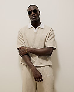 Beige Boxy Fit Textured Open Neck Polo Shirt