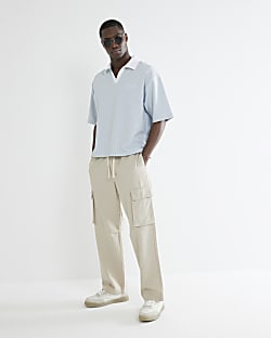 Blue Boxy Fit Stripe Open Neck Polo Shirt
