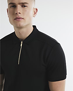 Black Slim Fit Twill Taped Polo Shirt