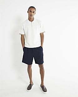 Navy Relaxed Waffle Pleated Shorts