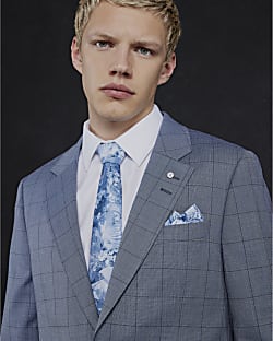 Blue Textured Floral Tie & Handkerchief Set