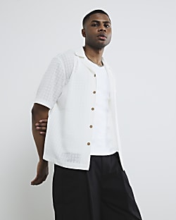 White Short Sleeve Grid Textured Shirt