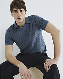 Blue Textured Open Collar Polo Shirt