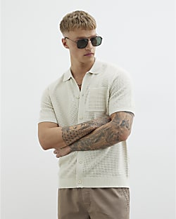 Cream Short Sleeve Crochet Shirt