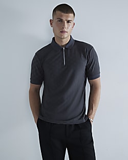 Grey Slim Fit Checkerboard Polo Shirt River Island