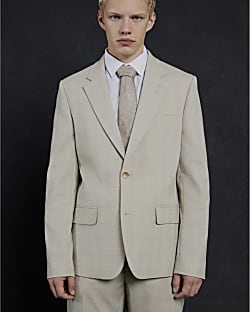 Beige Check Slim Suit Jacket