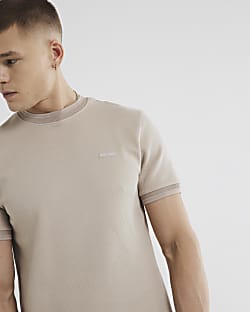 Beige Slim Fit Quilted RI Badge T-Shirt