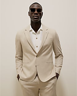 Cream Slim Fit Linen Blend Suit Jacket