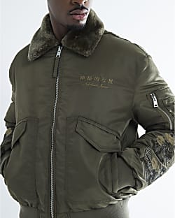 Khaki Embroidery Borg Collared Bomber Jacket River Island