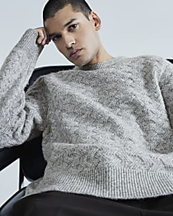 Grey Long Sleeve Cross Hatch Knit Jumper