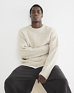 Beige Long Sleeve Cross Hatch Knit Jumper